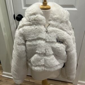 Forever 21 Disney Mickey Faux Fur Jacket XS NWT Rhinestone Zip Embroider Patch